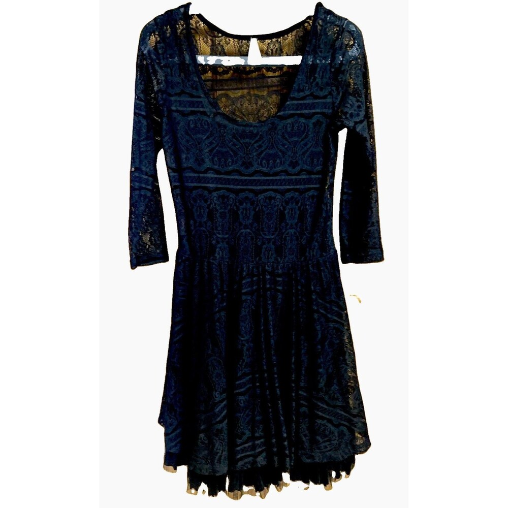 Sagebrush Size M Black Lace Ruffle Sheer Lined 3/4 Cocktail Boho Midi Dress